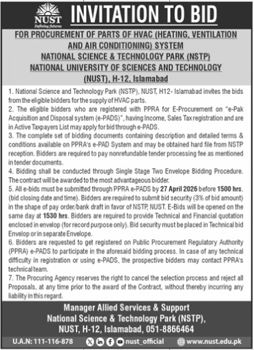 FOR PROCUREMENT OF PARTS OF HVAC (HEATING, VENTILATION AND AIR CONDITIONING) SYSTEM - National Science & Technology Park (NSTP), National University of Sciences and Technology (NUST)